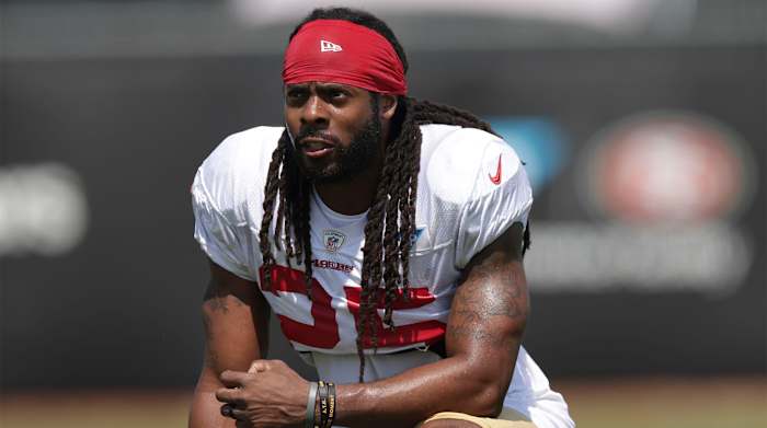 Aug 17, 2020; Santa Clara, CA, USA; San Francisco 49ers cornerback Richard Sherman (25) looks on during training camp at SAP Performance Facility.